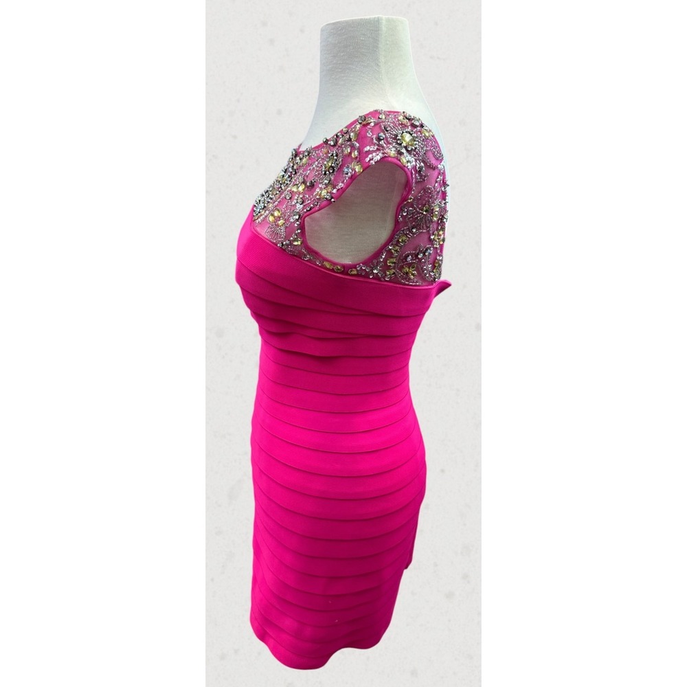 Sherri Hill Hot Pink Bandage Dress Size 4 Beaded Rhinestone Cocktail Prom Party - Picture 8 of 16